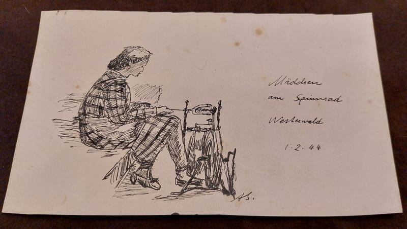 Encre Chine André Simon Artiste Lorrain 1944 Femme au Rouet