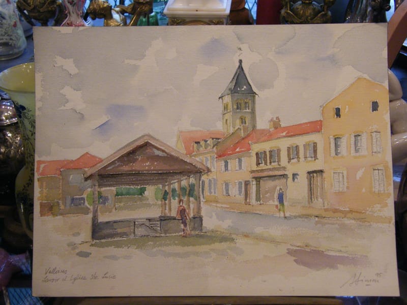Metz Vallières Lavoir Eglise André Simon 1995 Artiste Lorrain Aquarelle