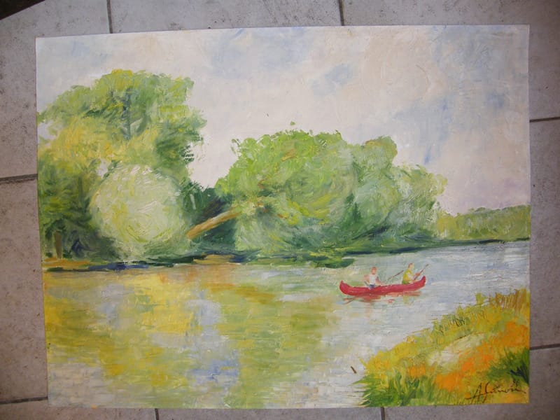 "Huile sur Papier Canal Moselle André Simon 1926-2014 1996 Artiste Lorrain"