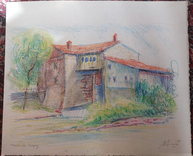 Moulin Magny A.Simon 1926-2014 1989 Artiste Lorrain Crayon