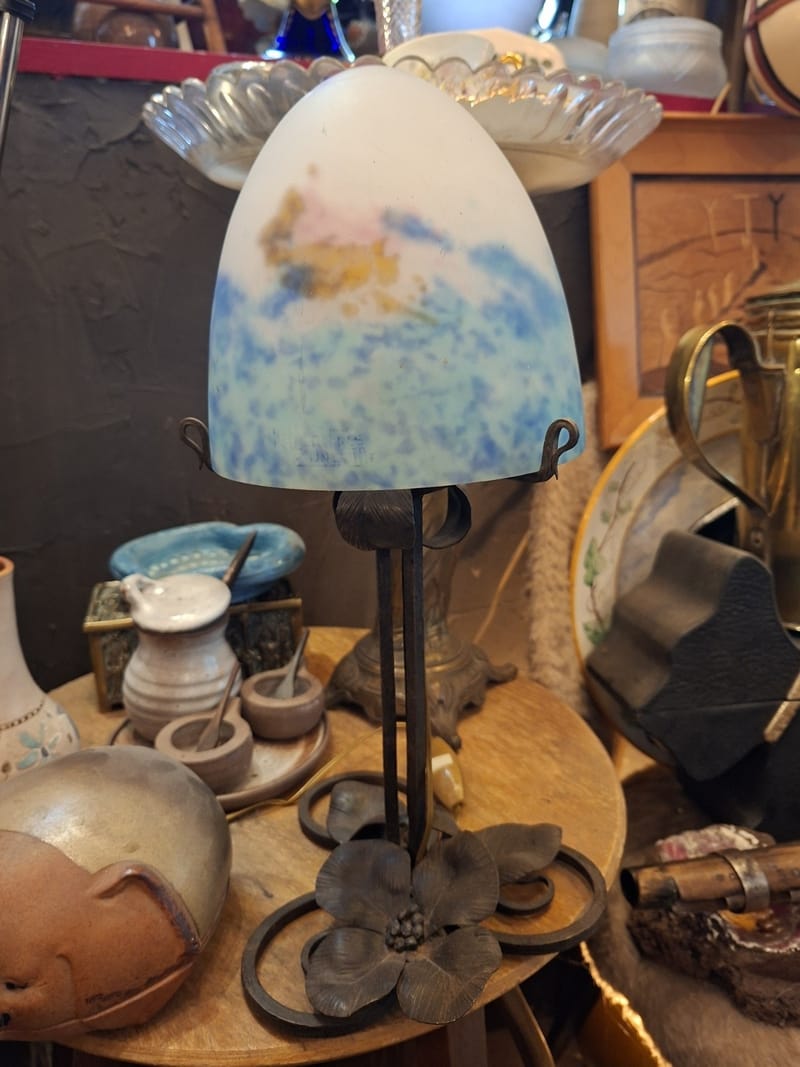 Muller Lunéville Art Nouveau Lampe Fer Forgé Obus Verre Jugendstil France