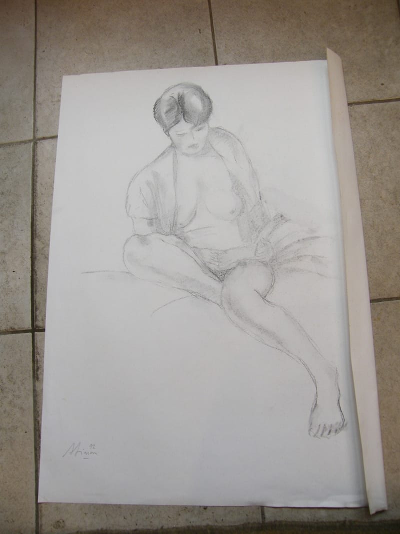 Etude de nu assis André Simon 1926-2014 1992 Artiste Lorrain Fusain