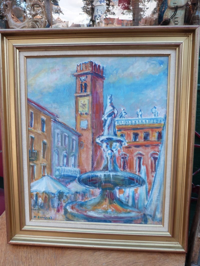 Marguerite Bermond Huile sur Carton Vérone La place aux Herbes  1911 1991