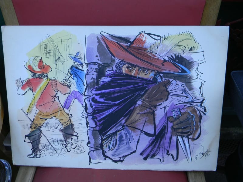 Georges Simonka 1916-2001 Encre de Chine Gouache Cape et épée Duel 1958