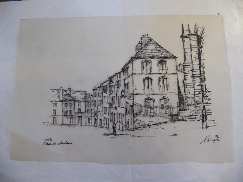 "Encre de Chine sur calque Place des Maréchaux Metz André Simon 1926-2014"