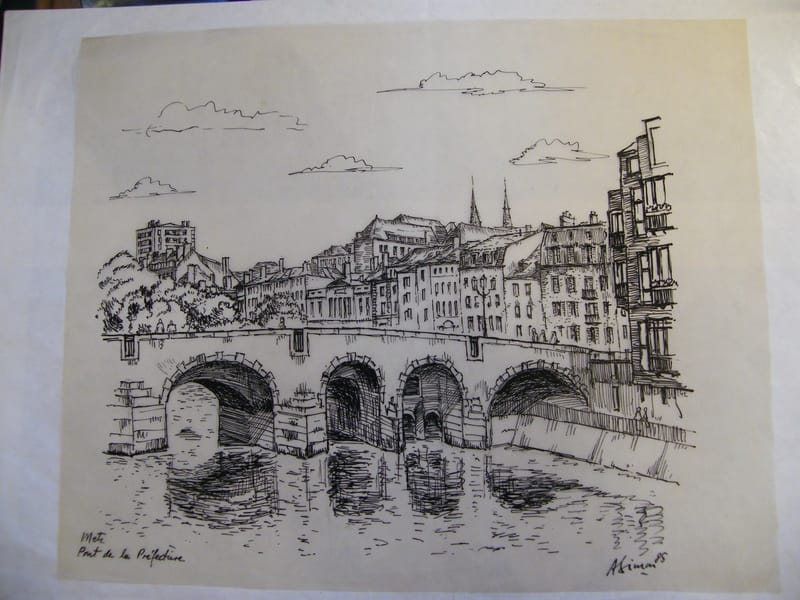 Metz Pont de la préfecture André Simon 1926-2014 Encre de Chine sur calque