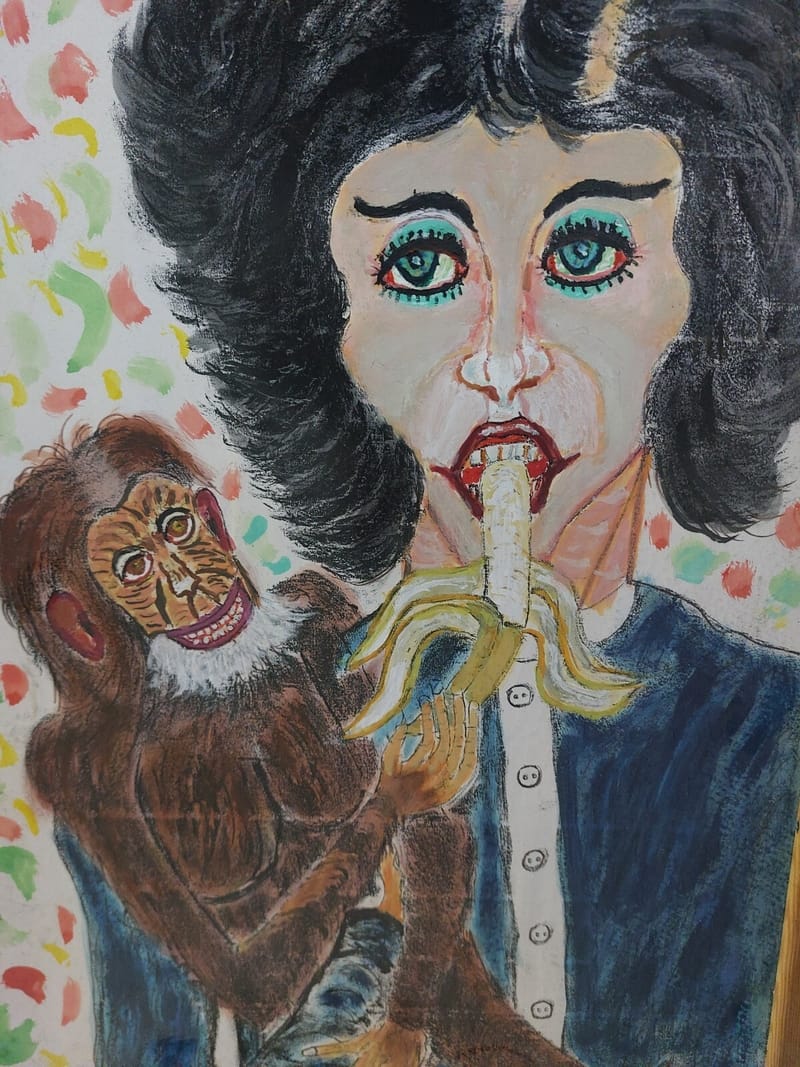 Gouache Portrait Femme Singe Banane Peter Rose Art Naif Trash Art Nerd Art — vue 2