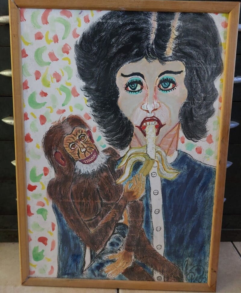 Gouache Portrait Femme Singe Banane Peter Rose Art Naif Trash Art Nerd Art