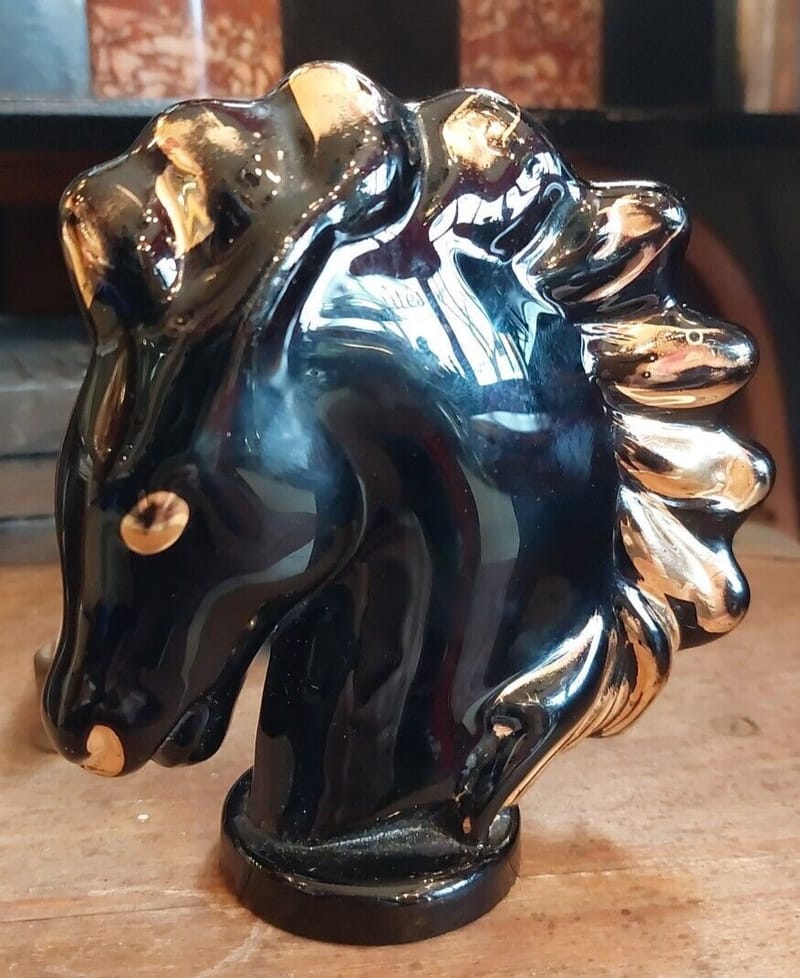 Tête Cheval Verre Noir Dorures Presse papier