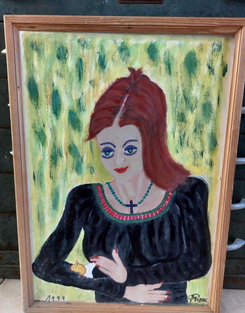 Art Naif Trash Art Peter Rose Gouache Portrait Femme au Rat Nerd Art