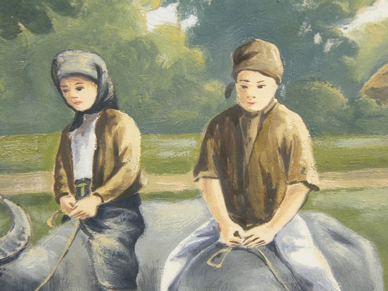 Cambodge Indochine Années 50 60 Huile sur Toile  Villageoises sur Zébus" — vue 5