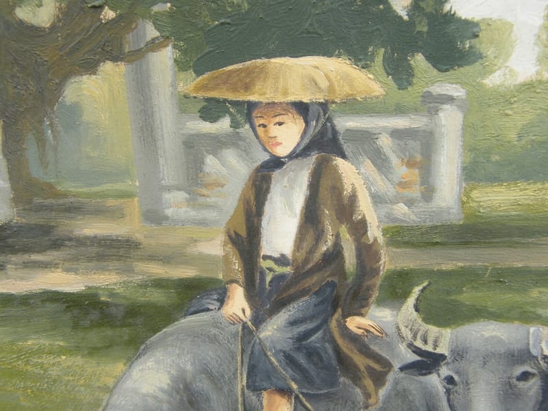 Cambodge Indochine Années 50 60 Huile sur Toile  Villageoises sur Zébus" — vue 3