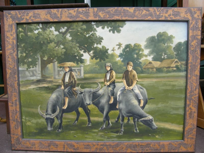 Cambodge Indochine Années 50 60 Huile sur Toile  Villageoises sur Zébus"