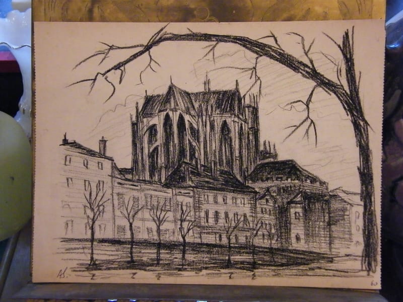 Metz Cathédrale André Simon 1926-2014 1960 Artiste Lorrain Fusain