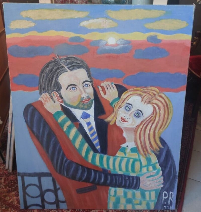 Peter Rose Huile Toile Oil on Canvas Art Naïf Signé Amoureux sans cou