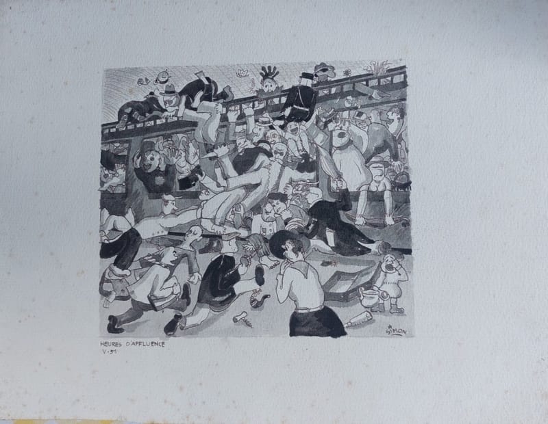 Aquarelle André Simon 1926-2014 1951 Artiste Lorrain Heures d'affluence Métro