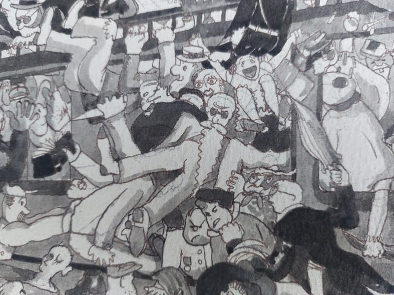 Aquarelle André Simon 1926-2014 1951 Artiste Lorrain Heures d'affluence Métro — vue 6
