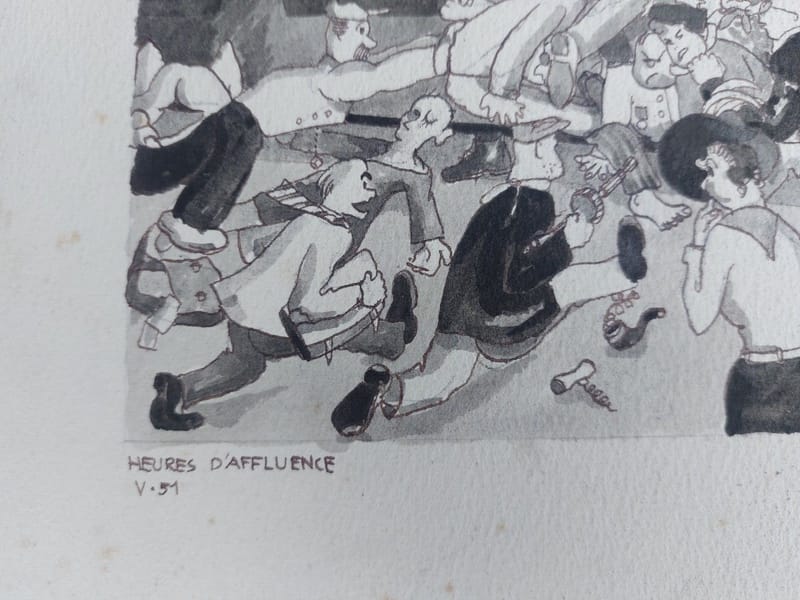 Aquarelle André Simon 1926-2014 1951 Artiste Lorrain Heures d'affluence Métro — vue 5