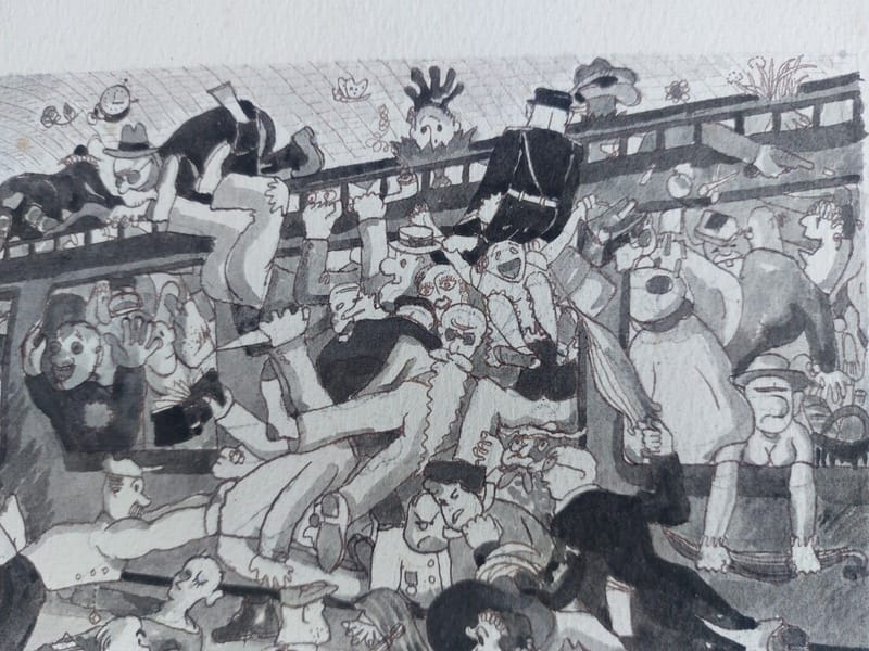 Aquarelle André Simon 1926-2014 1951 Artiste Lorrain Heures d'affluence Métro — vue 3