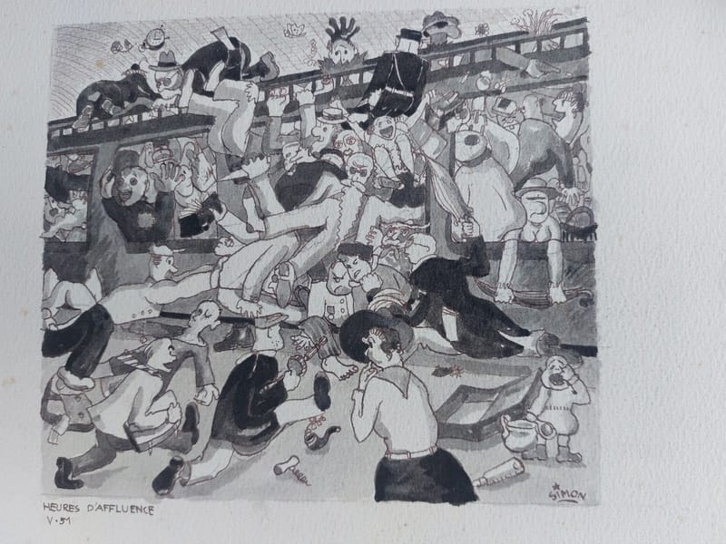 Aquarelle André Simon 1926-2014 1951 Artiste Lorrain Heures d'affluence Métro — vue 2