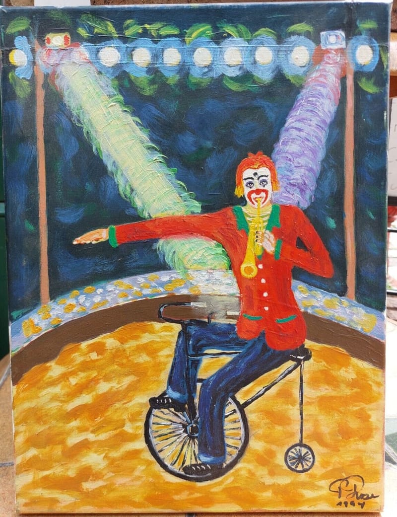 Oil on Canvas Clown Vélo Trompette Clown Huile Toile Art Naïf Signé