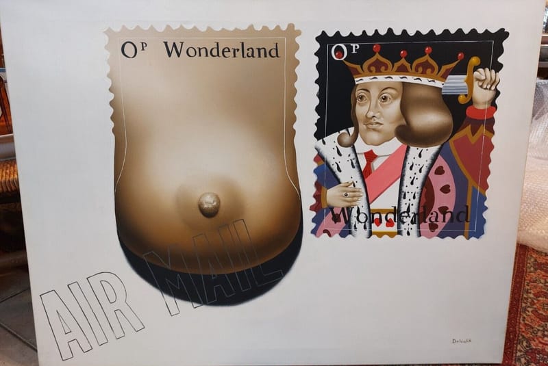 Roland Delcol Postmoderniste Alice Wonderland Huile sur Toile Air Mail Erotique