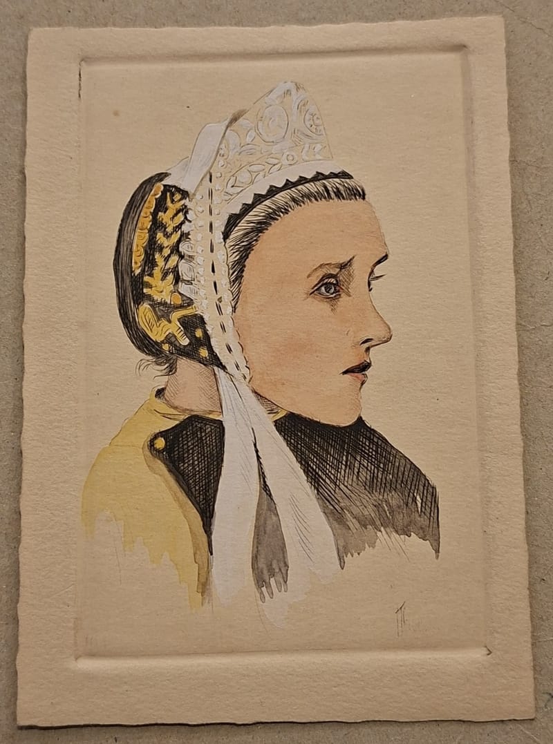 Eau Forte Réhaussée Thiebaud Bretonne Jeune XIX ème siècle