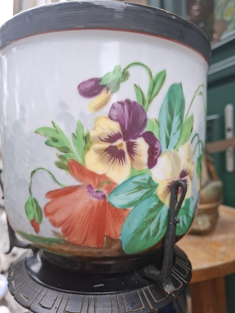 Paire Cache Pots Porcelaine Peinte XIX ème siècle Oiseaux Bois Bronze — vue 20