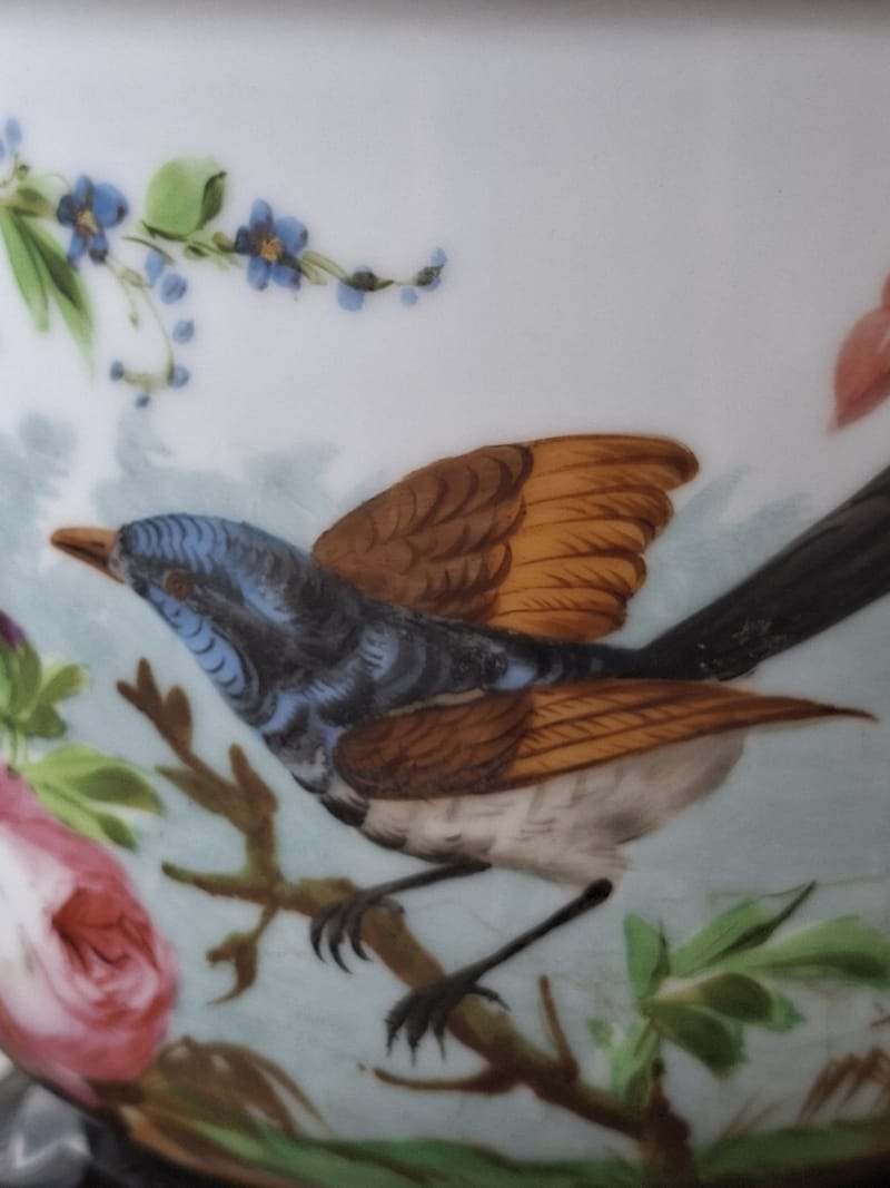 Paire Cache Pots Porcelaine Peinte XIX ème siècle Oiseaux Bois Bronze — vue 5