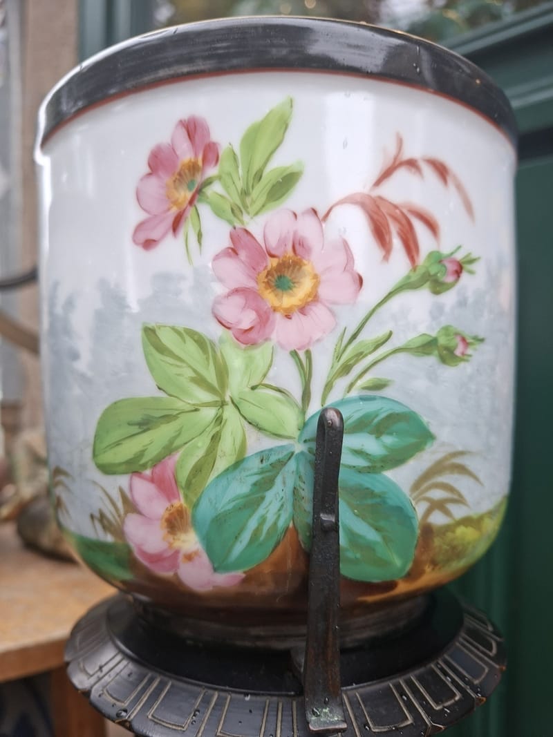 Paire Cache Pots Porcelaine Peinte XIX ème siècle Oiseaux Bois Bronze — vue 19