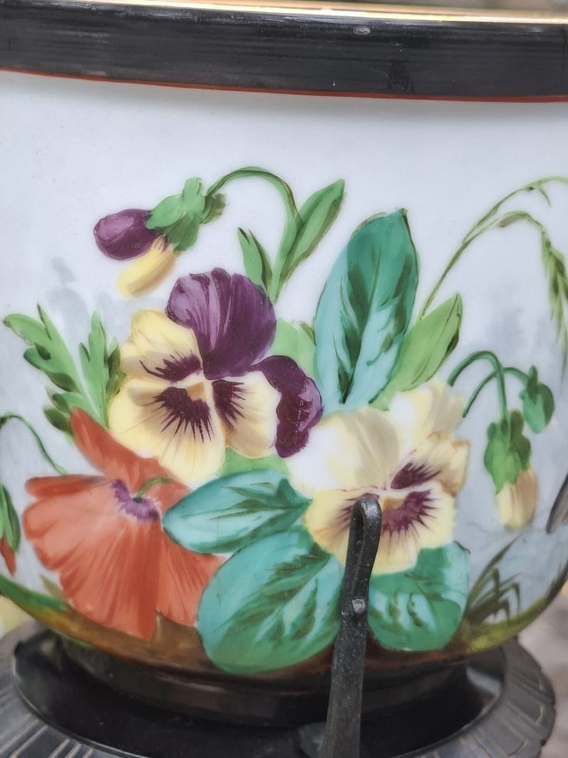 Paire Cache Pots Porcelaine Peinte XIX ème siècle Oiseaux Bois Bronze — vue 15