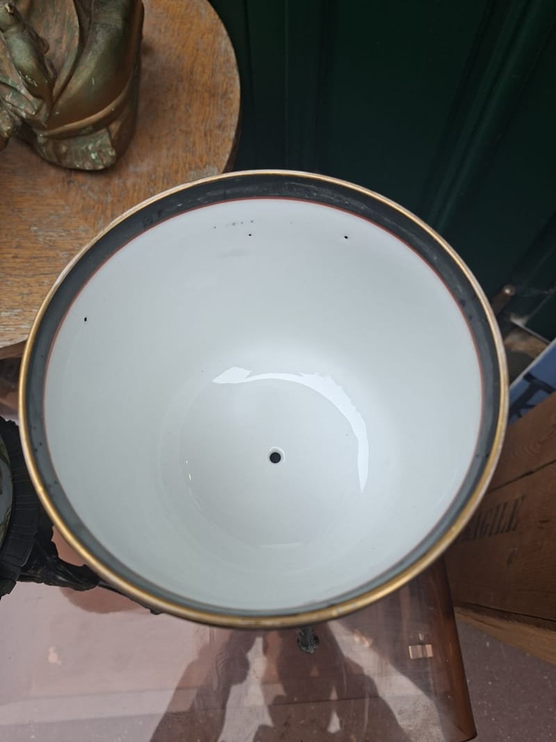 Paire Cache Pots Porcelaine Peinte XIX ème siècle Oiseaux Bois Bronze — vue 21