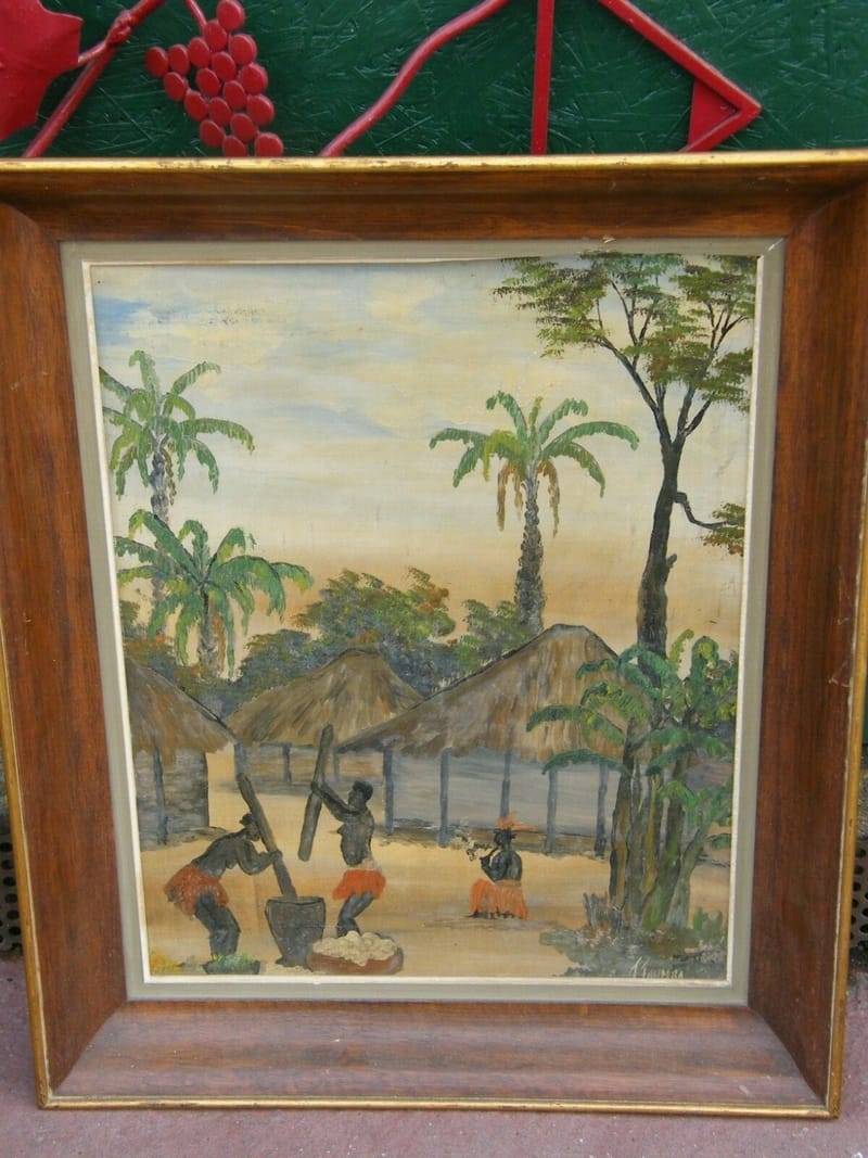 Jos Toumba Art Naif Huile sur Isorel Village Africain  Années 60