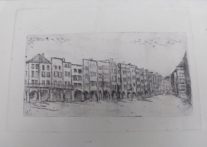 Eau Forte Place St Louis Metz + Remparts André Simon Artiste Lorrain Metz