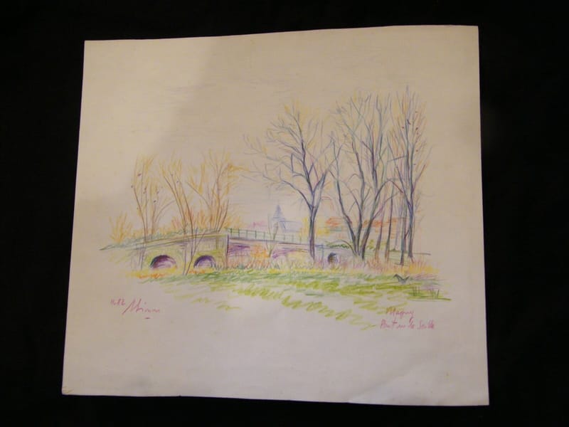 Magny Pont Seille André Simon 1926-2014 1982 Artiste Lorrain Dessin au Crayon