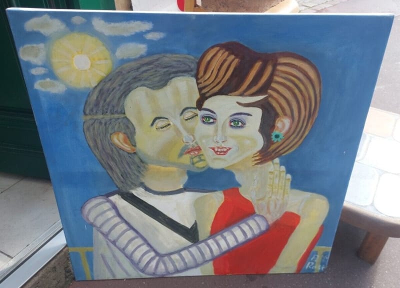 Huile Toile Peter Rose Oil on Canvas Art Naïf Signé Amoureux