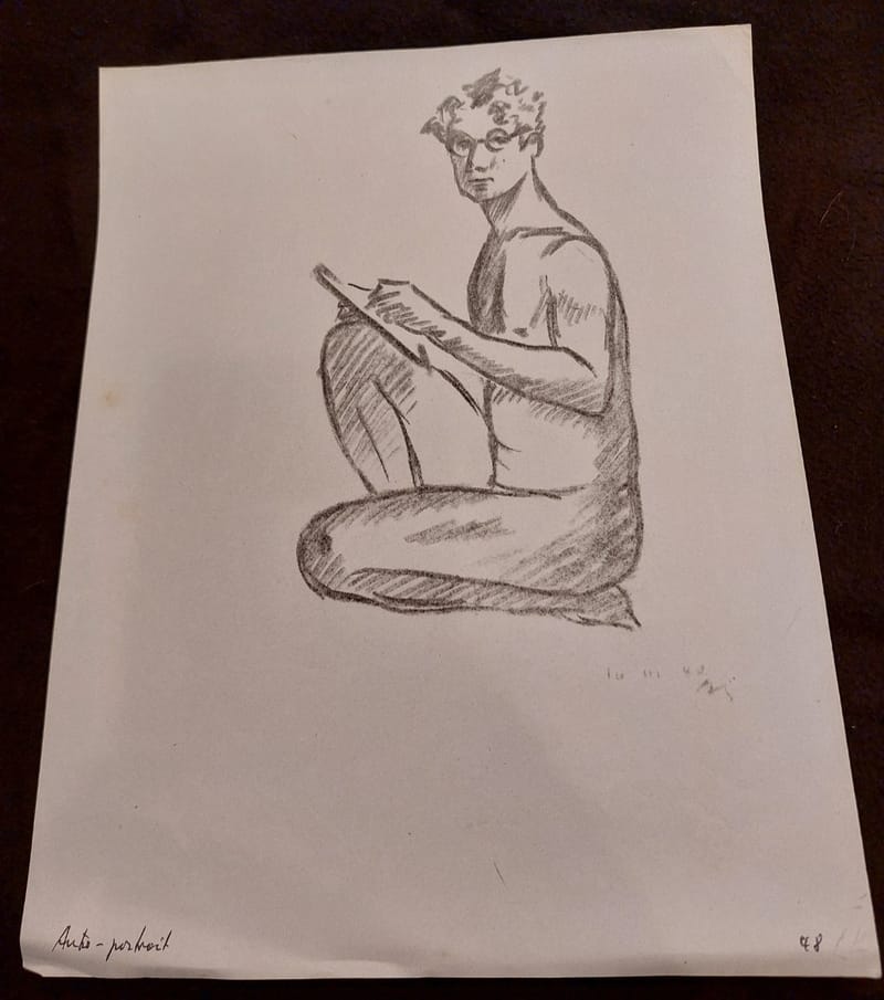 Dessin Crayon André Simon 1948 Artiste Lorrain Auto Portrait