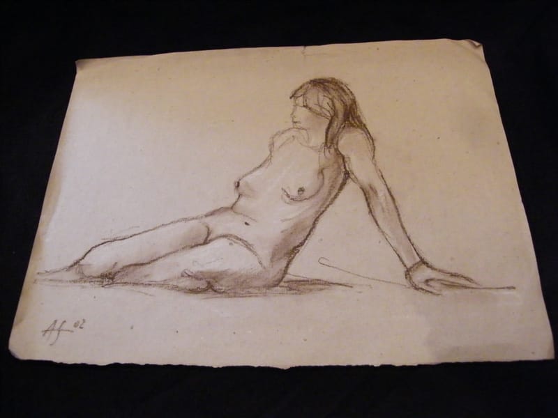 "Fusain Nue couché André Simon 1926-2014 Artiste Lorrain 2002"