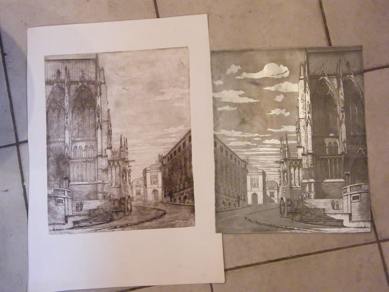 Cathédrale Metz Eau Forte et Matrice en Aluminium A Simon (1926-2014)