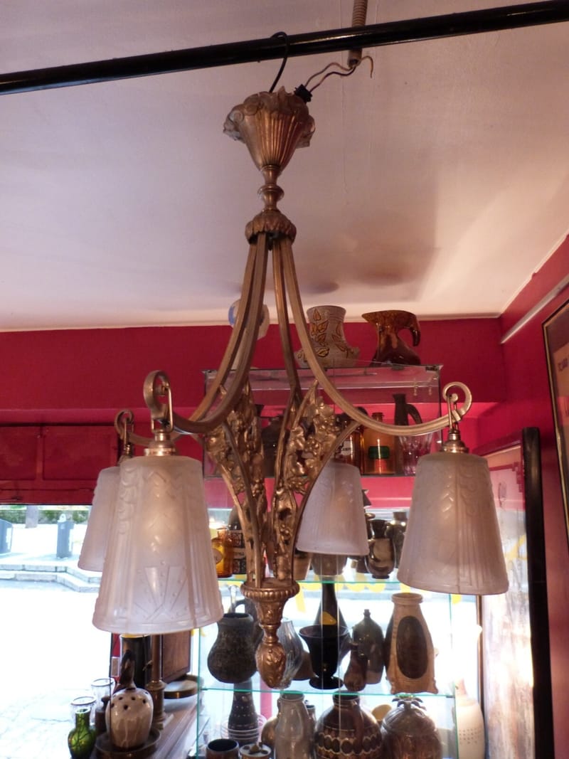 Art Déco Muller Frères Lustre Lunéville Bronze Nickelé 4 Feux Verre