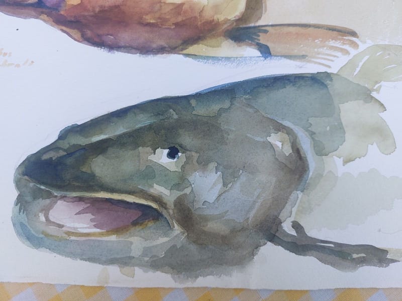 Aquarelle Poissons André Simon 1950 Artiste Lorrain Metz — vue 3