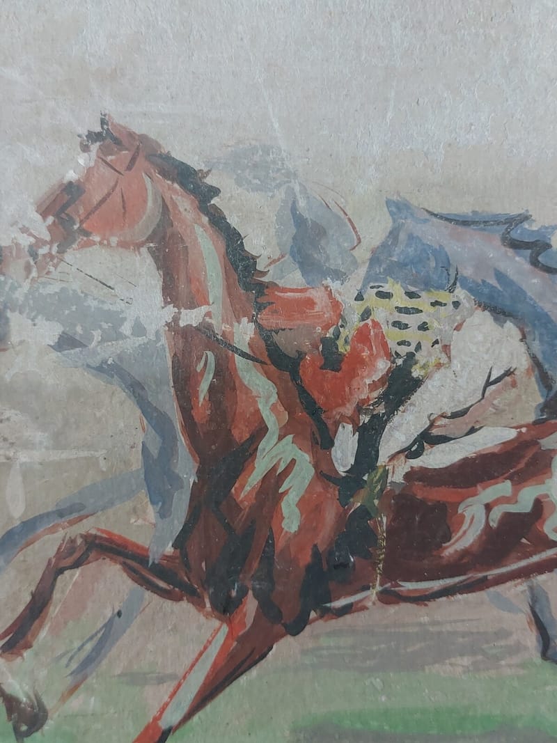 Yves Mirat Gouache Carton Course Hippique Années 40 — vue 3
