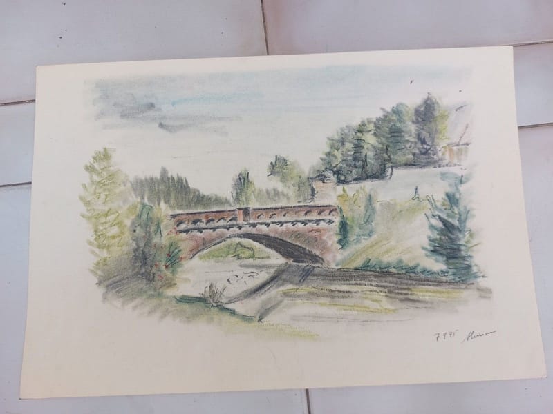 Pont Seille André Simon 1926-2014 1945 Artiste Lorrain Crayon