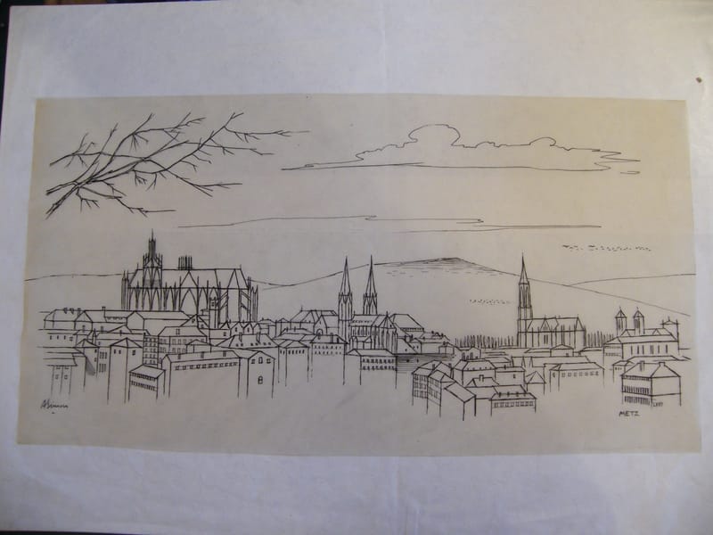 "Encre de Chine sur calque Vue de Metz André Simon 1926-2014"