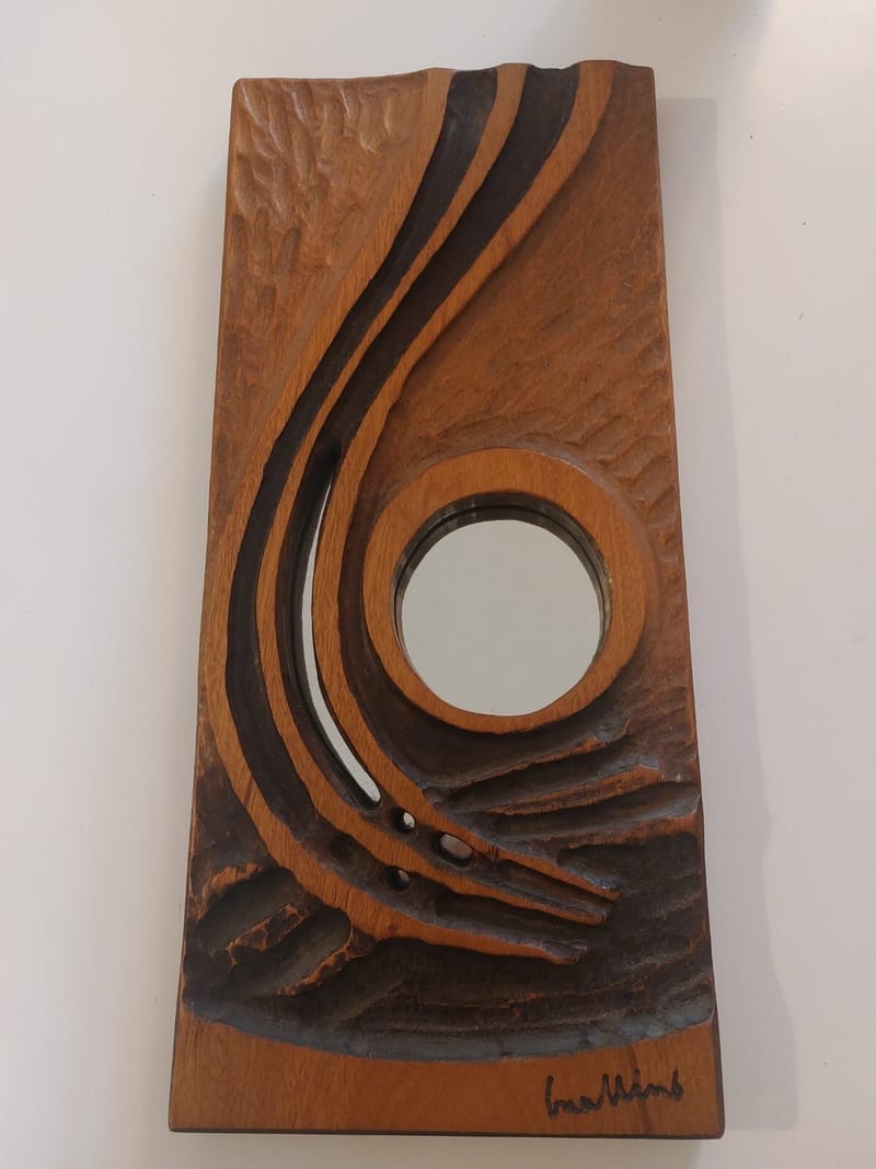Miroir Brutaliste Bois Guallino Feu en éveil Signé Patrick Guallino