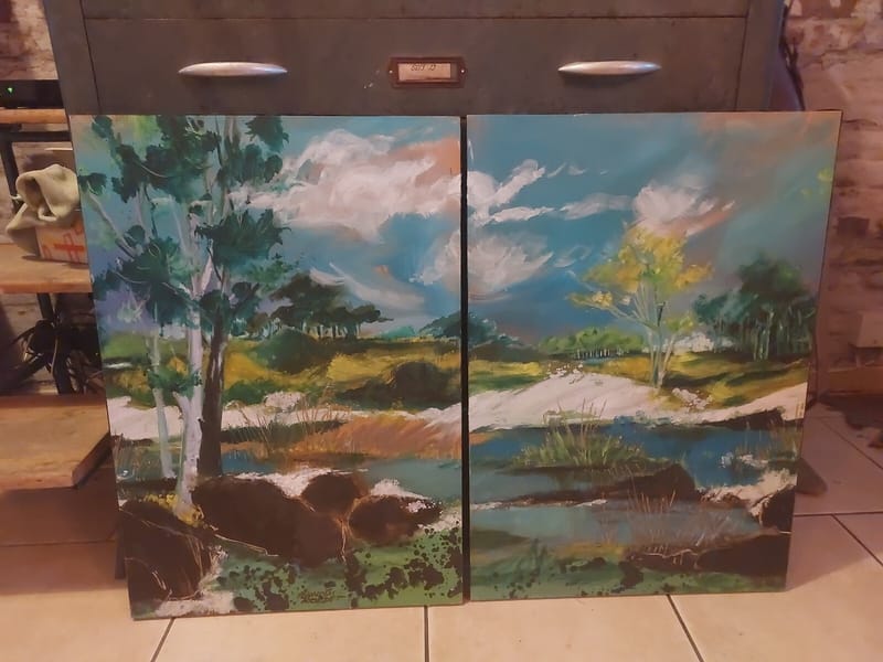 Jean Louis Rondet Diptyque Huile sur Isorel Paysage interactif 1999  né en 1929