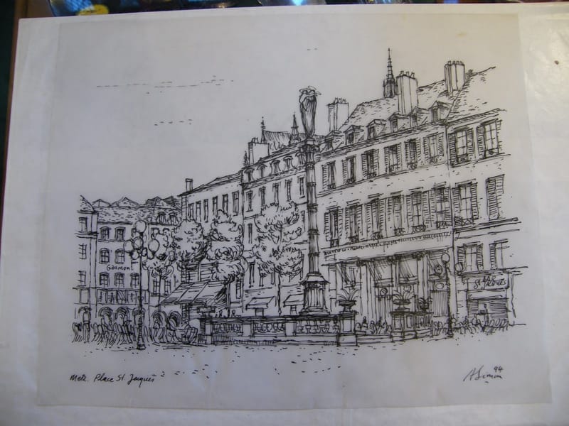 Place St Jacques Metz André Simon 1926-2014 Encre de Chine sur calque