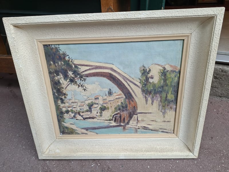 Huile Carton Pont Mostar Yougoslavie Bosnie Croatie années 50