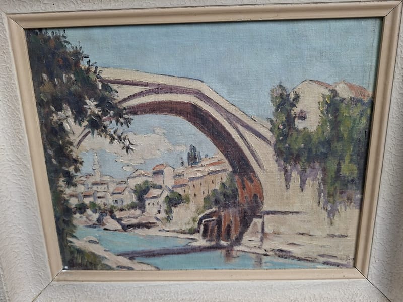 Huile Carton Pont Mostar Yougoslavie Bosnie Croatie années 50 — vue 2