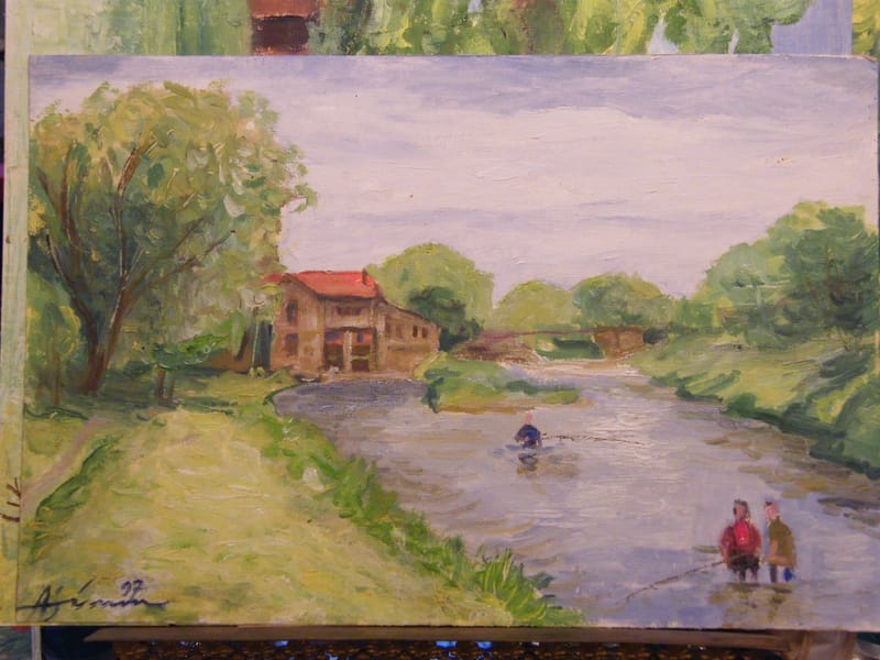 "Huile Papier Bord de Canal André Simon 1926-2014 Artiste Lorrain 1997"
